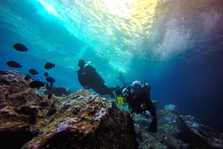 Scuba divers underwater on Oahu, Hawaii